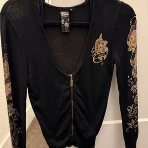 Guess Black and Gold Embroidered Zip-Up Top